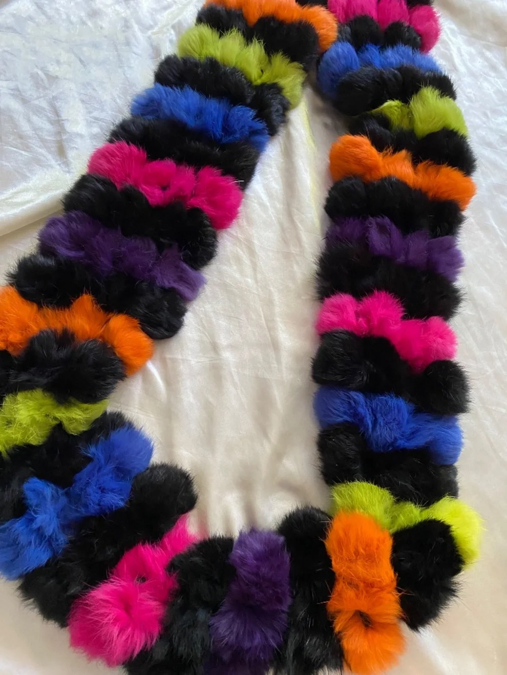 Vintage y2k Black Rainbow Striped Rabbit Fur Scarf Boho Unique